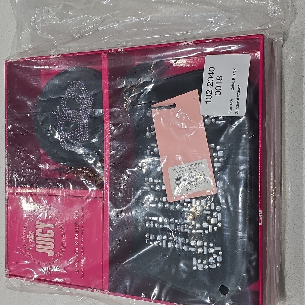 Juicy Couture Black Velour Rhinestone Wristlet and Coin Pouch 2 Piece Set - Picture 4 of 7
